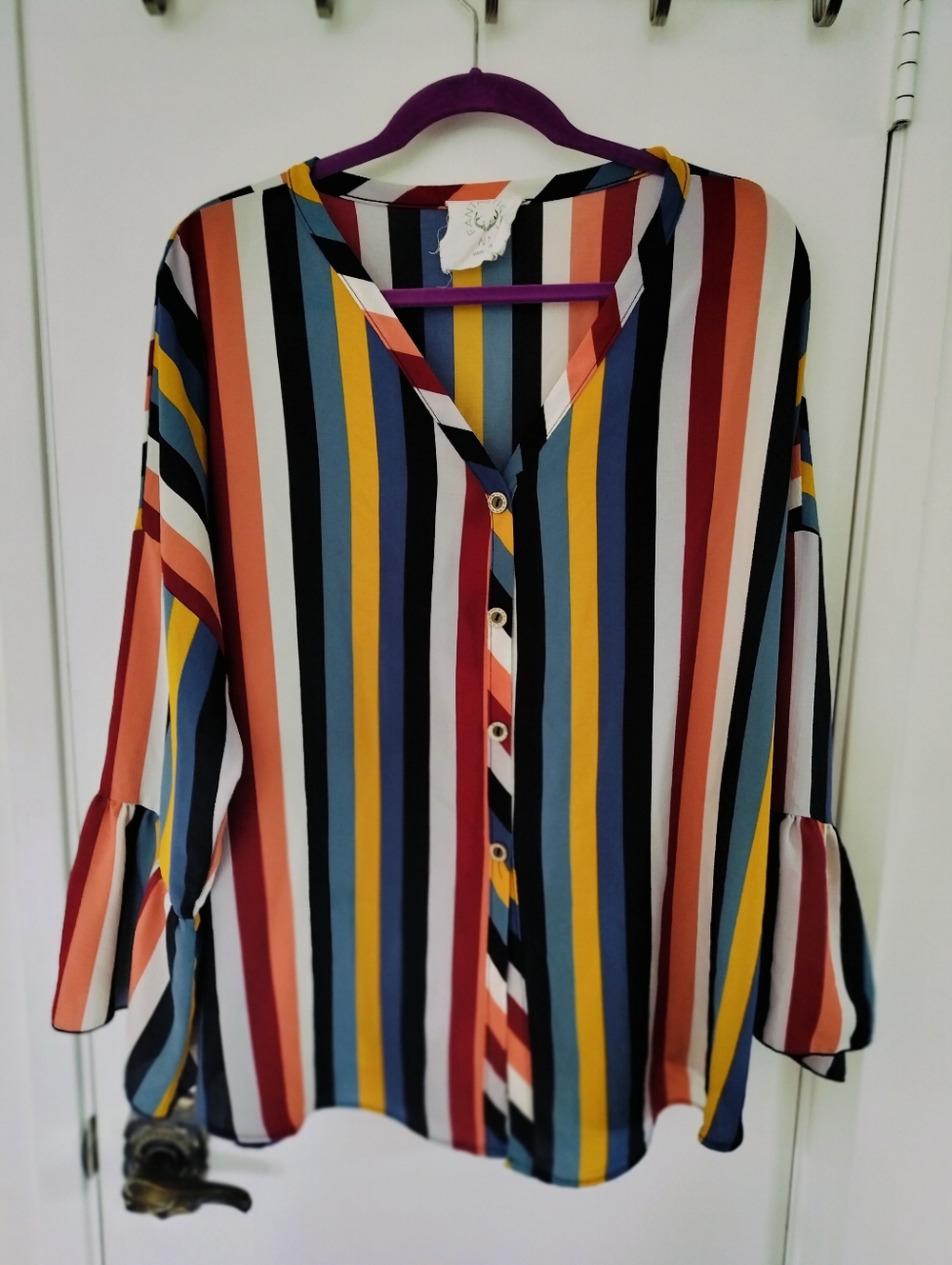 Fantastic Fawn Striped Multi-Colored Blouse Medium Drop Shoulder Flare Sleeves